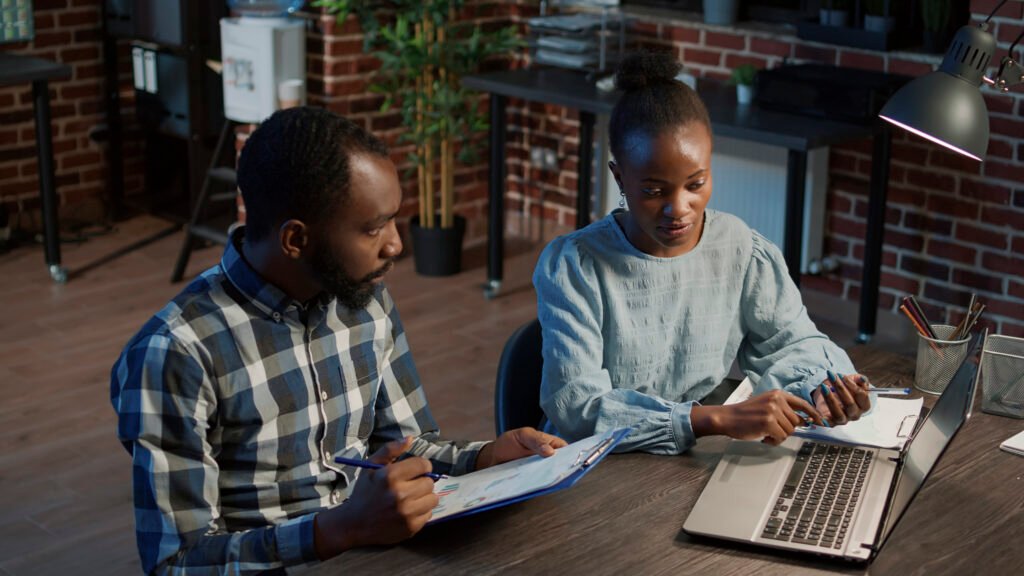 Man and woman doing teamwork on forex exchange market